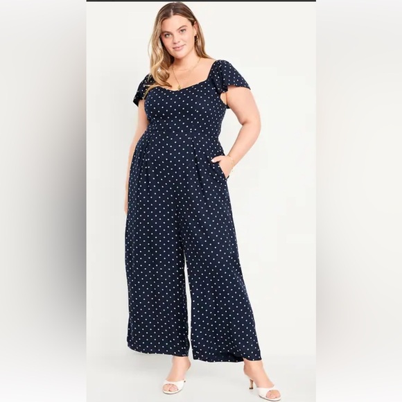 Old Navy Pants - Old Navy Navy and White Polka Dot Wide-Leg Jumpsuit Size L